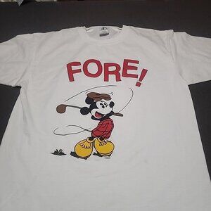 Vintage 90s Disney Mickey Mouse Golf T-Shirt FORE! Graphic Tee White Single...